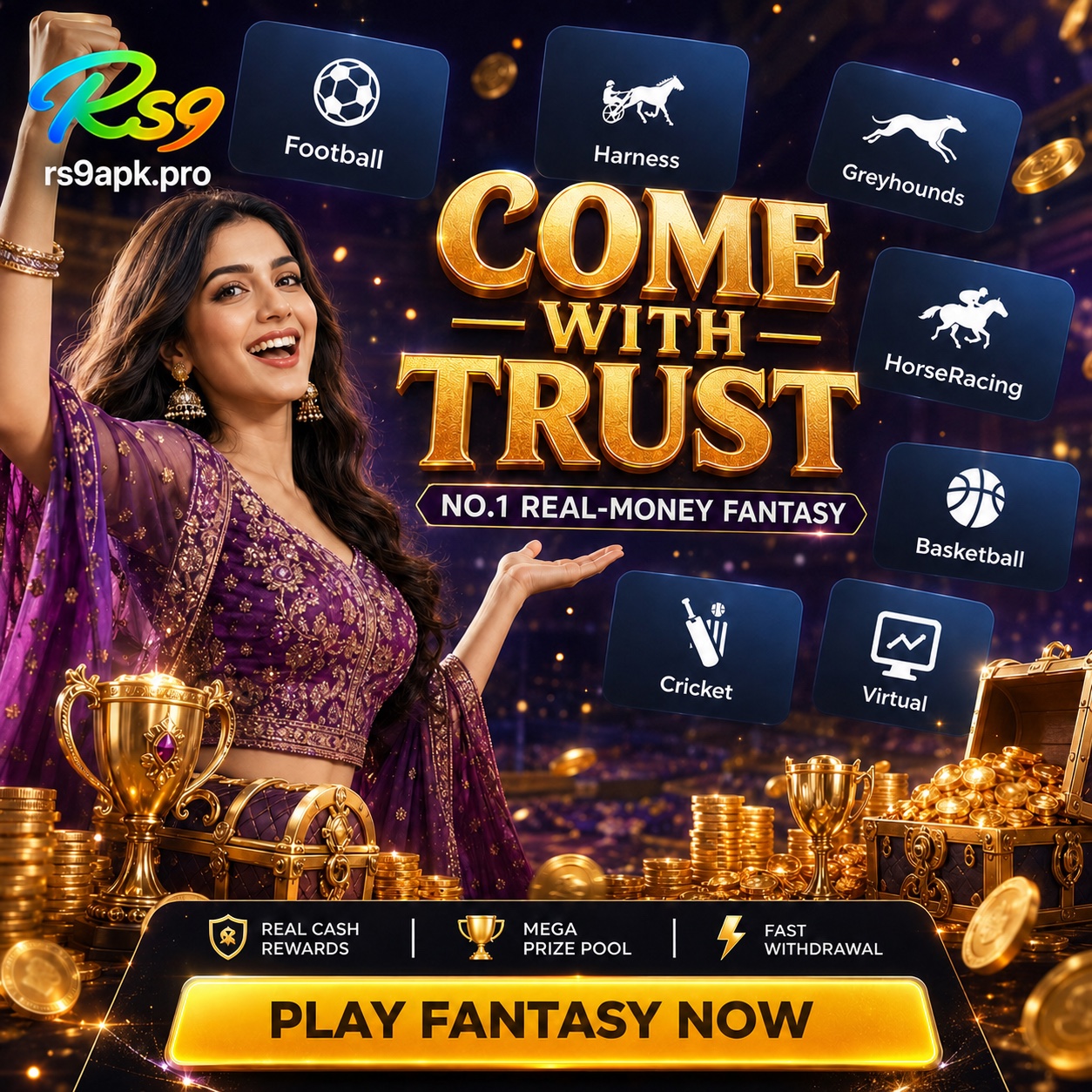 RS9 cricket and sports promotional poster displaying rs9apk.pro