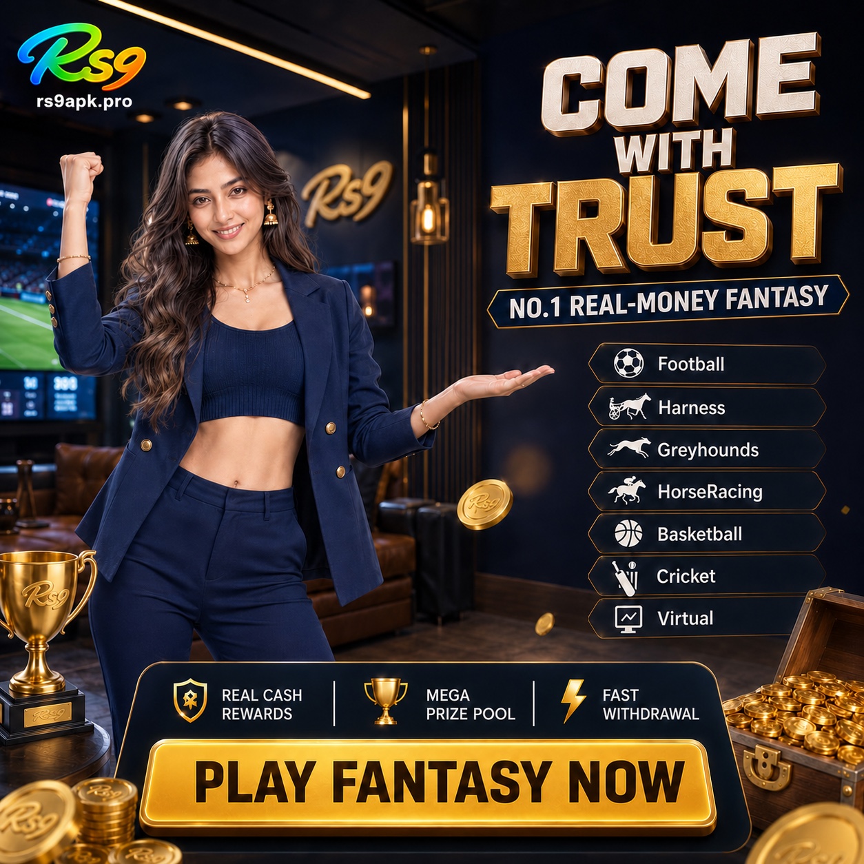 RS9 fantasy sports promotional poster displaying rs9apk.pro